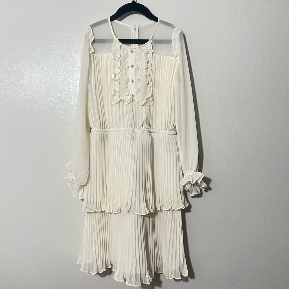 self-portrait Girl Pleated Chiffon Tiered Long Sleeve French Midi Dress Sz 10-12